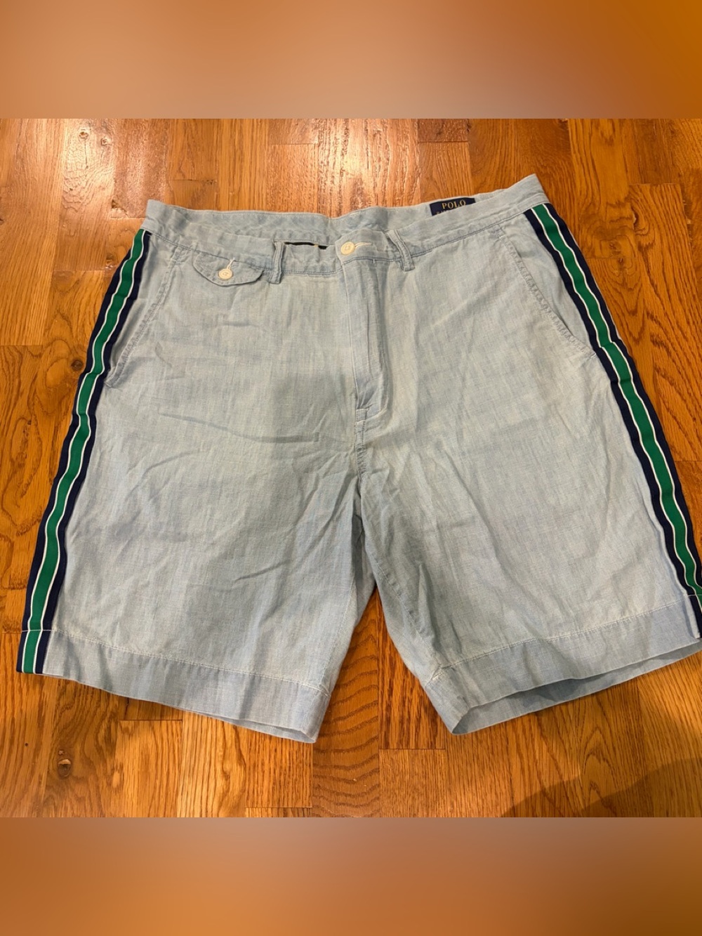 Polo Ralph Lauren Light Blue Shorts with Navy & Green Side Stripes Size 35